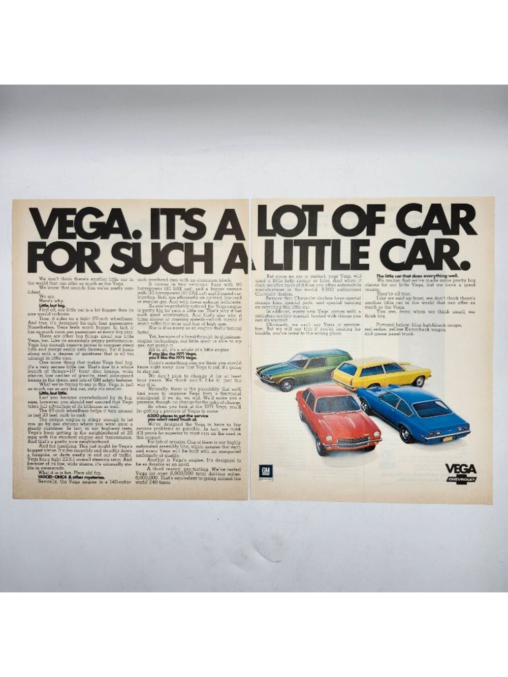 1972 Chevrolet Vega GM General Motors LIFE Magazine 2 Page Print Ad Vintage b